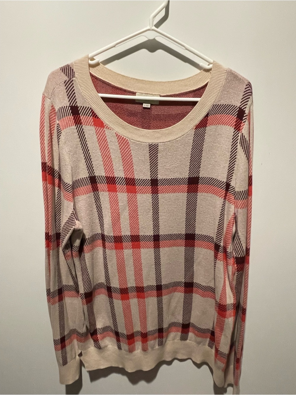 LOFT Cream and Pink Plaid Women's Sweater